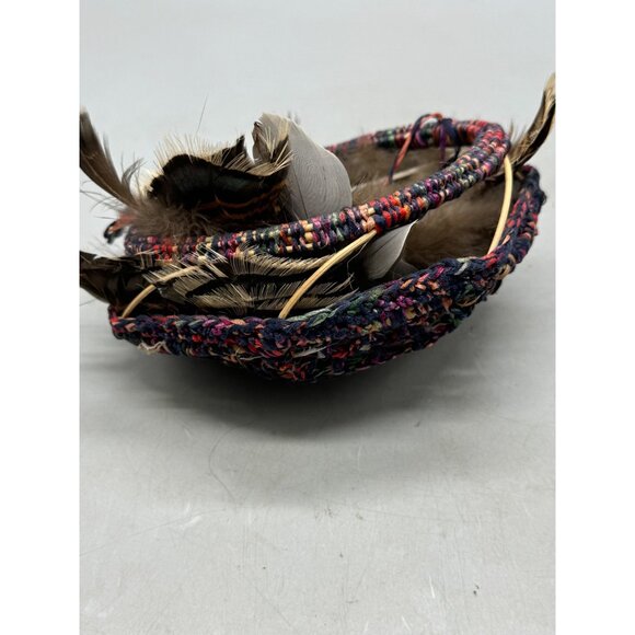Handwoven Feather Hanging Basket Multicolor Yarn & Natural Feathers Used READ - Picture 2 of 7